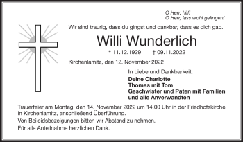 Traueranzeige von Willi Wunderlich von Frankenpost