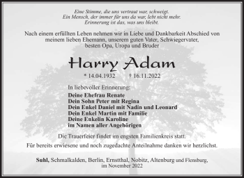 Traueranzeige von Harry Adam von Südthüringer Presse