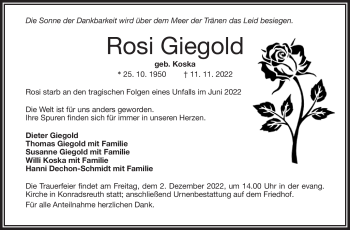 Traueranzeige von Rosi Giegold von Frankenpost