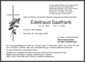 Traueranzeige von Edeltraud Saalfrank von Frankenpost