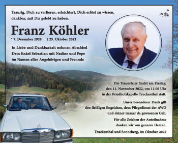 Traueranzeige von Franz Köhler von Südthüringer Presse