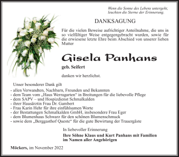 Traueranzeige von Gisela Panhans von Südthüringer Presse