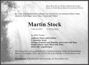 Traueranzeige von Martin Stock von Südthüringer Presse