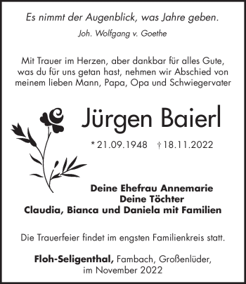 Traueranzeige von Jürgen Baierl von Südthüringer Presse