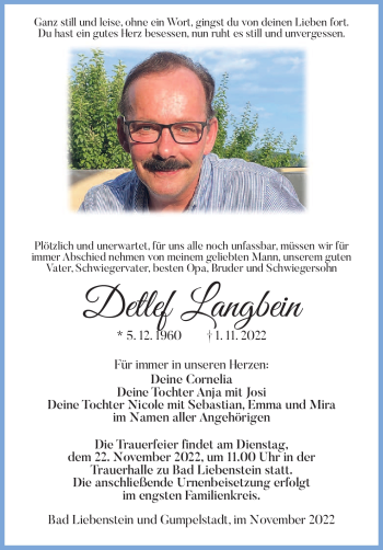 Traueranzeige von Detlef Langbein von Südthüringer Presse