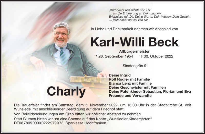  Traueranzeige für Karl-Willi Beck vom 03.11.2022 aus Frankenpost