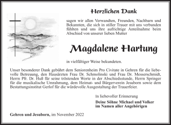 Traueranzeige von Magdalene Hartung von Südthüringer Presse