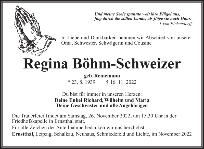 Traueranzeige für Regina Böhm-Schweizer vom 19.11.2022 aus Südthüringer Presse