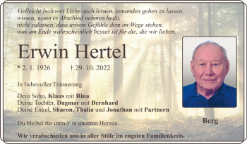 Traueranzeige von Erwin Hertel von Frankenpost