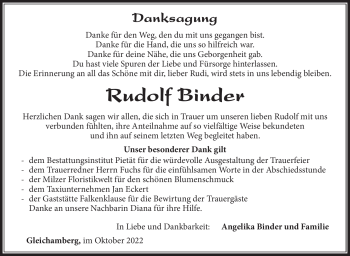 Traueranzeige von Rudolf Binder von Südthüringer Presse
