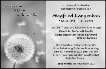 Traueranzeige von Siegfried Langenhan von Südthüringer Presse