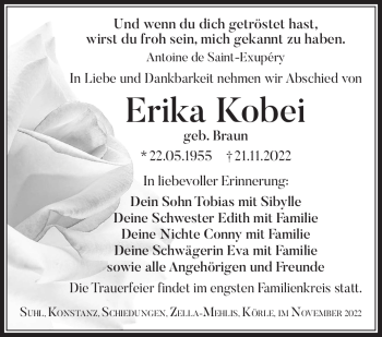 Traueranzeige von Erika Kobei von Südthüringer Presse