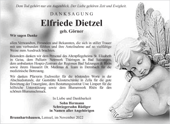 Traueranzeige von Elfriede Dietzel von Südthüringer Presse
