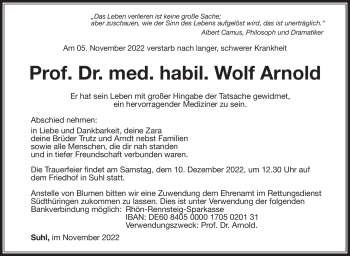Traueranzeige von Wolf Arnold von Südthüringer Presse