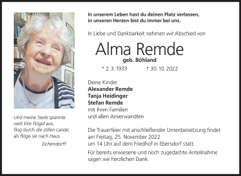 Traueranzeige von Alma Remde von Neue Presse Coburg