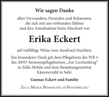 Traueranzeige von Erika Eckert von Südthüringer Presse