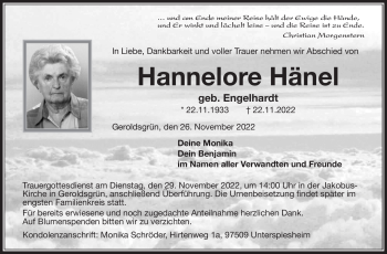 Traueranzeige von Hannelore Hänel von Frankenpost
