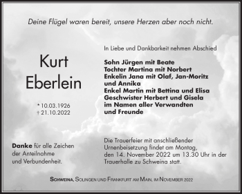 Traueranzeige von Kurt Eberlein von Südthüringer Presse