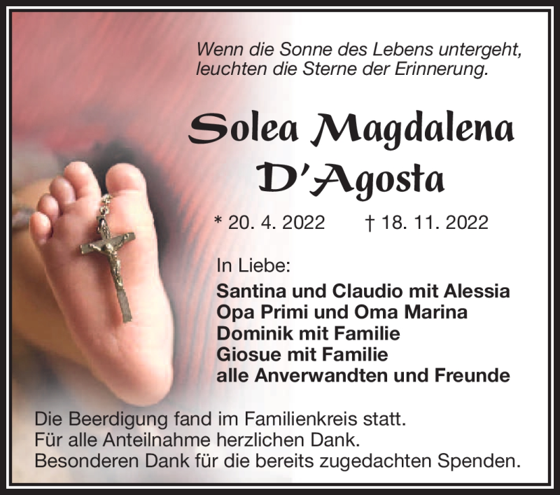  Traueranzeige für Solea Magdalena D´Agosta vom 26.11.2022 aus Frankenpost