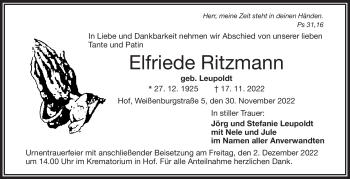 Traueranzeige von Elfriede Ritzmann von Frankenpost