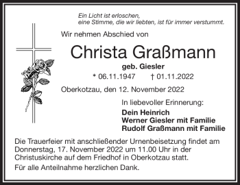 Traueranzeige von Christa Graßmann von Frankenpost