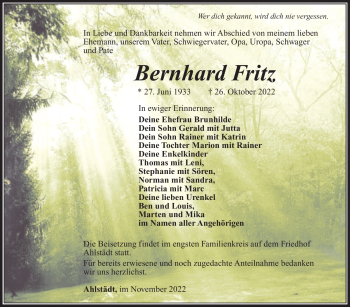 Traueranzeige von Bernhard Fritz von Südthüringer Presse