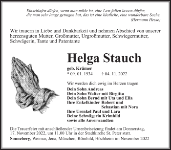 Traueranzeige von Helga Stauch von Südthüringer Presse
