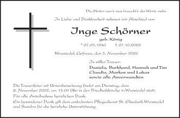 Traueranzeige von Inge Schörner von Frankenpost