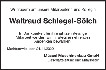 Traueranzeige von Waltraud Schlegel-Sölch von Frankenpost