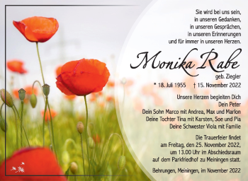 Traueranzeige von Monika Rabe von Südthüringer Presse