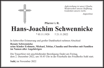 Traueranzeige von Hans-Joachim Schwennicke von Südthüringer Presse