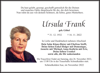 Traueranzeige von Ursula Frank von Südthüringer Presse