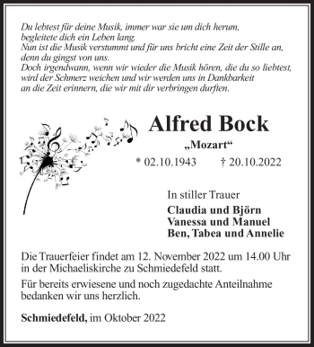 Traueranzeige von Alfred Bock von Südthüringer Presse