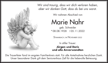 Traueranzeige von Marie Nahr von Frankenpost