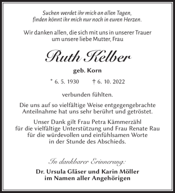 Traueranzeige von Ruth Kelber von Südthüringer Presse