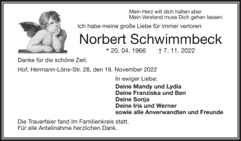 Traueranzeige von Norbert Schwimmbeck von Frankenpost