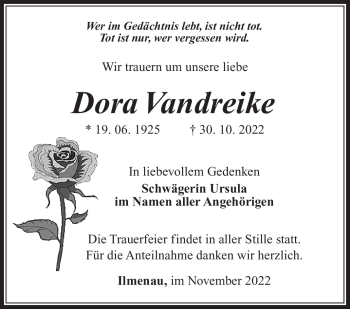 Traueranzeige von Dora Vandreike von Südthüringer Presse