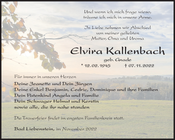Traueranzeige von Elvira Kallenbach von Südthüringer Presse