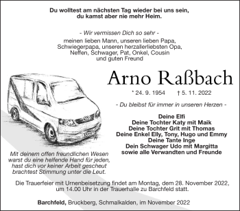 Traueranzeige von Arno Raßbach von Südthüringer Presse