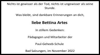 Traueranzeige von Bettina Artes von Südthüringer Presse