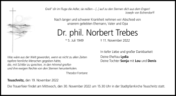 Traueranzeige von Dr. phil. Norbert Trebes von Neue Presse Coburg