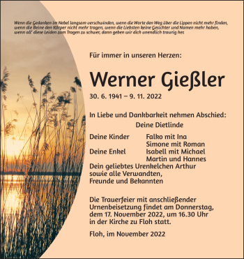 Traueranzeige von Werner Gießler von Südthüringer Presse