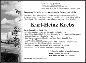 Traueranzeige von Karl-Heinz Krebs von Südthüringer Presse