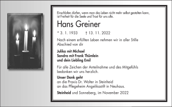 Traueranzeige von Hans Greiner von Südthüringer Presse