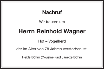 Traueranzeige von Reinhold Wagner von Frankenpost