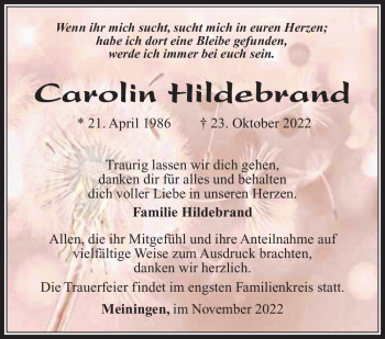 Traueranzeige von Carolin Hildebrand von Südthüringer Presse