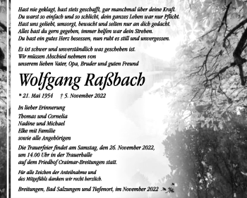 Traueranzeige von Wolfgang Raßbach von Südthüringer Presse
