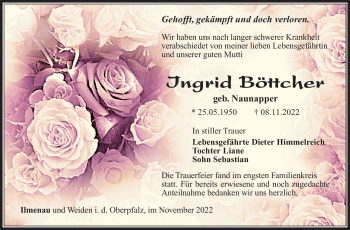 Traueranzeige von Ingrid Böttcher von Südthüringer Presse