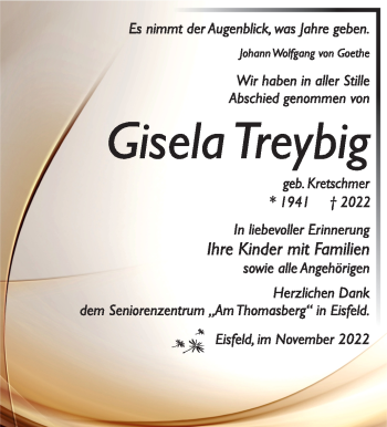 Traueranzeige von Gisela Treybig von Südthüringer Presse