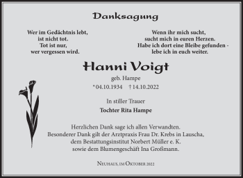 Traueranzeige von Hanni Voigt von Südthüringer Presse